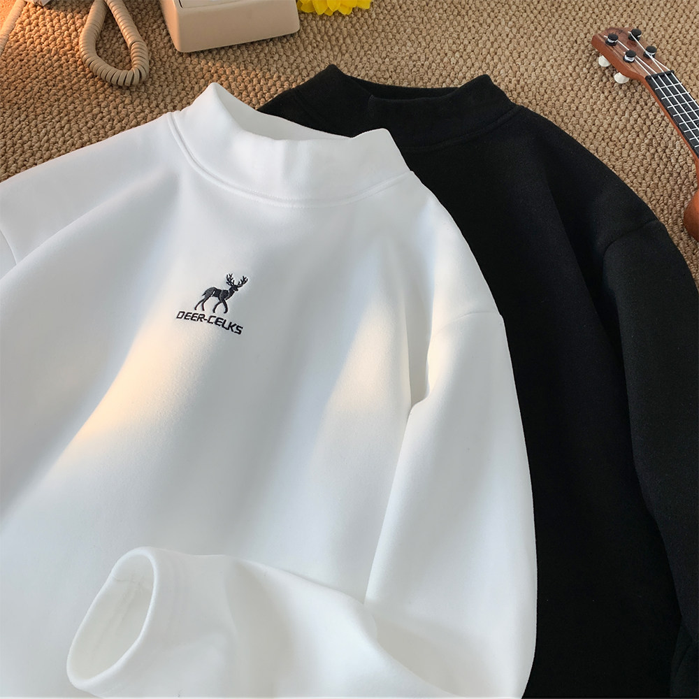 鹿刺绣德绒打底衫男款秋冬半高领潮牌宽松加厚保暖叠穿内搭打底衫,男装,卫衣,淘宝优惠券,粉丝福利购,淘宝优惠卷