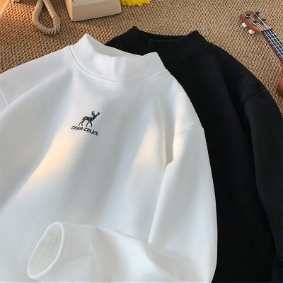 鹿刺绣德绒打底衫男款秋冬半高领潮牌宽松加厚保暖叠穿内搭打底衫