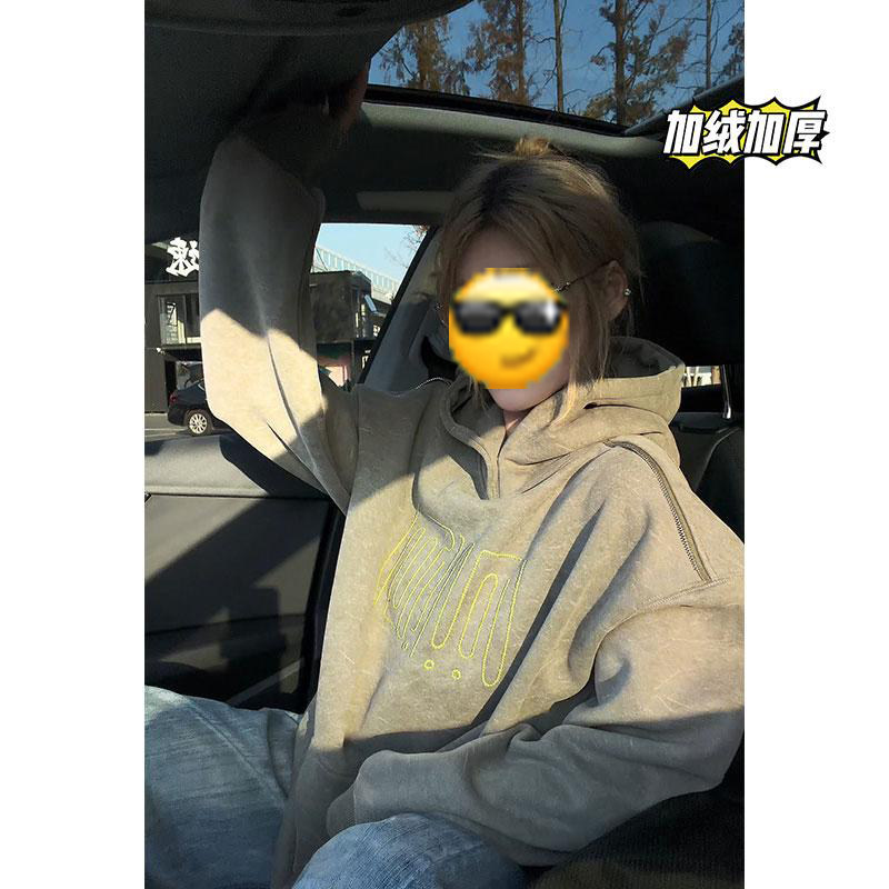 美式重磅肩上拉链连帽卫衣男女秋冬新款加绒加厚宽松休闲刺绣外套