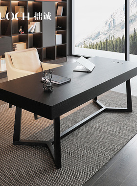 意式实木电脑桌书桌一体简约现代小户型双人写字台家用办公桌定制
