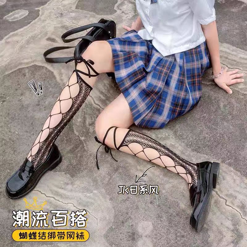 日系黑色绑带小腿袜子春夏薄女性感花边镂空渔网袜子女中筒jk袜子