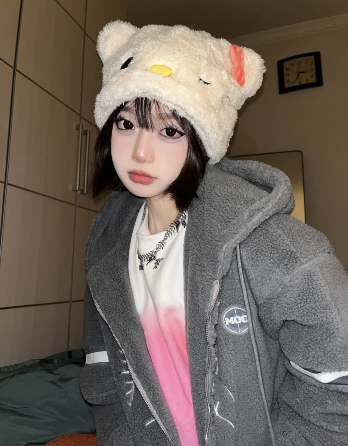 实拍 秋冬可爱保暖kitty猫毛绒绒帽子女耳朵卡通美乐蒂毛绒帽辣妹