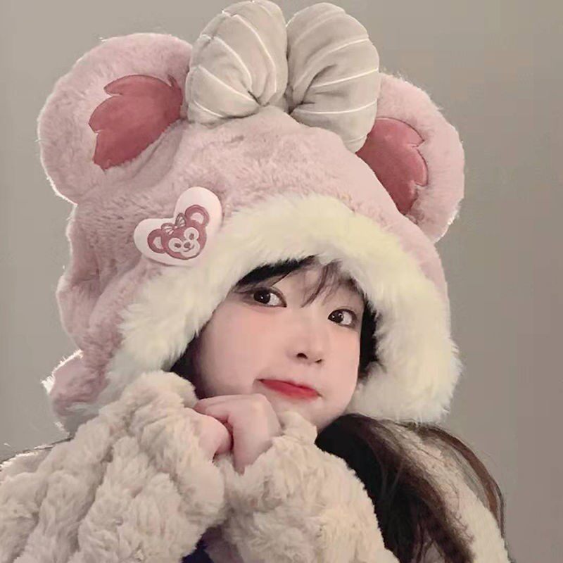 卡通毛绒毛球迪士尼雪莉玫保暖帽子学生加绒加厚护耳防寒雷锋帽冬