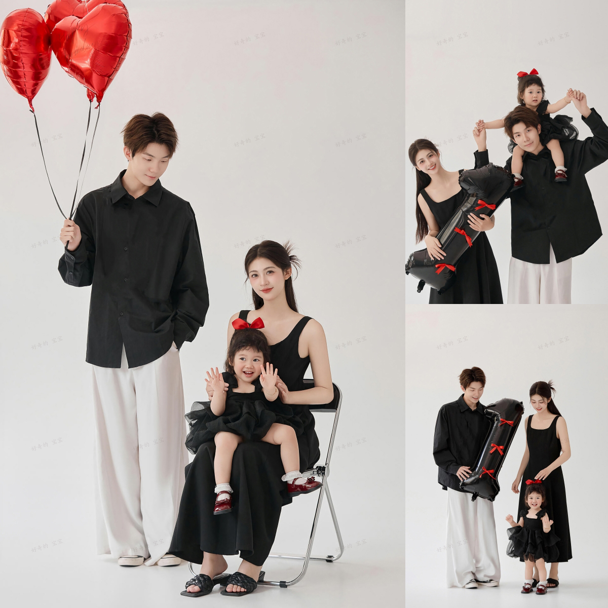 黑色拍照一家三口摄影写真亲子装