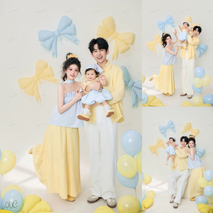 亲子装母女一家三口全家福儿童摄影服饰黄色主题2026新款影楼拍照