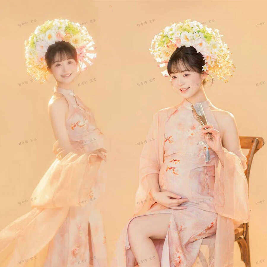 新中式簪花粉色旗袍唯美孕妈咪照