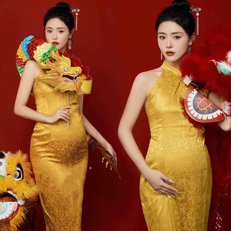 国风中式孕妇拍照服复古修身旗袍