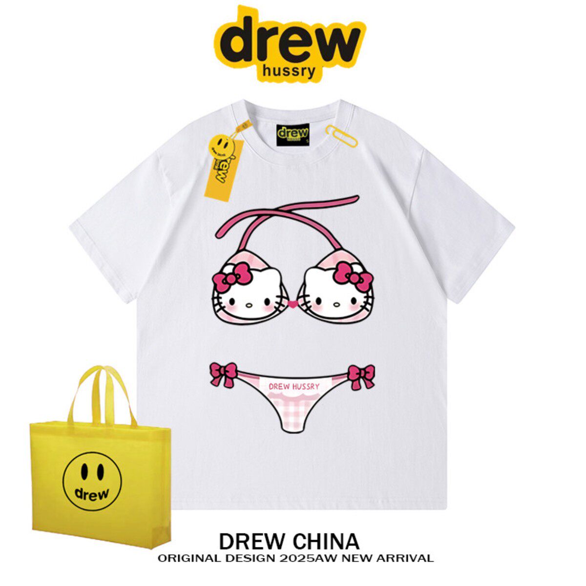 drew美式潮牌KT猫比基尼趣味印花短袖t恤男女夏季街头宽松半袖INS