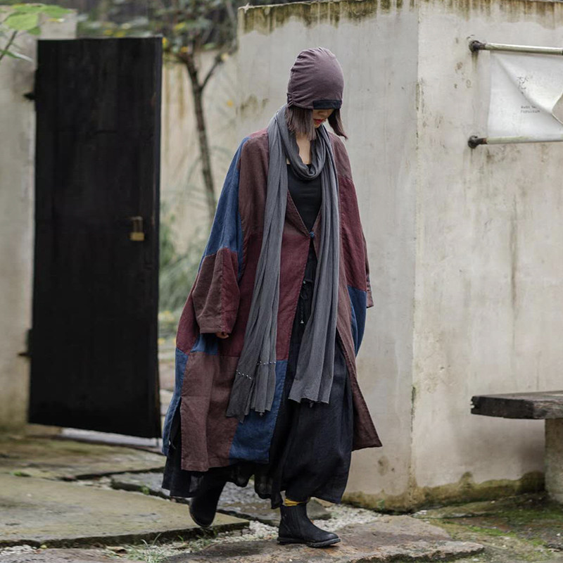 原创设计秋纯亚麻宽松外套蓝红拼色做旧开衫 大码女装乞丐风风衣