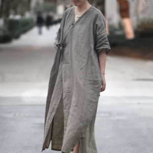 盘扣侧身系带袍佛系 减龄连衣裙女 2022年夏季 苎麻植物染斜襟开衫