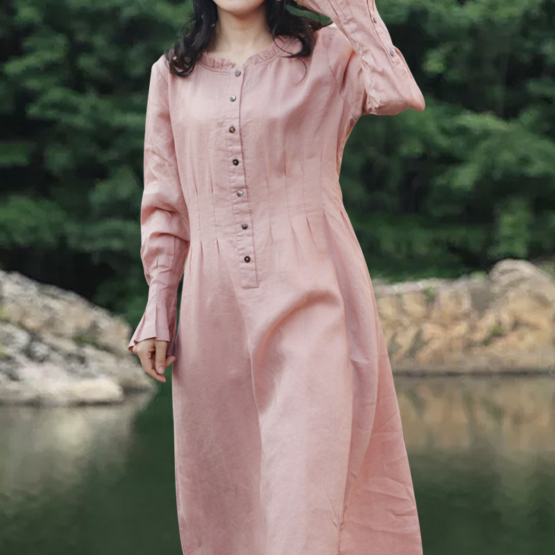 烟粉色纯苎麻荷叶边修身连衣裙 女人味过膝显瘦叠褶长裙子阿元秋