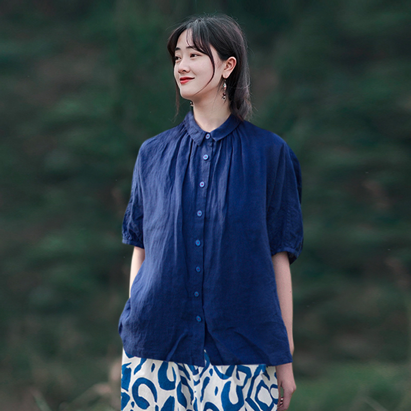 克因蓝日系短袖亚麻宽松衬衫女夏