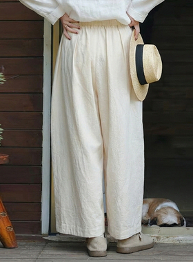 知笔墨白色汉麻成衣水洗松紧腰抽绳宽松茧型9分阔腿裤