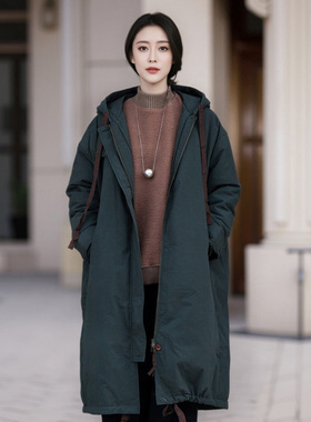 知笔墨白鸭绒中长纯棉休闲文艺羽绒服  宽松显瘦连帽式土灰绿外套