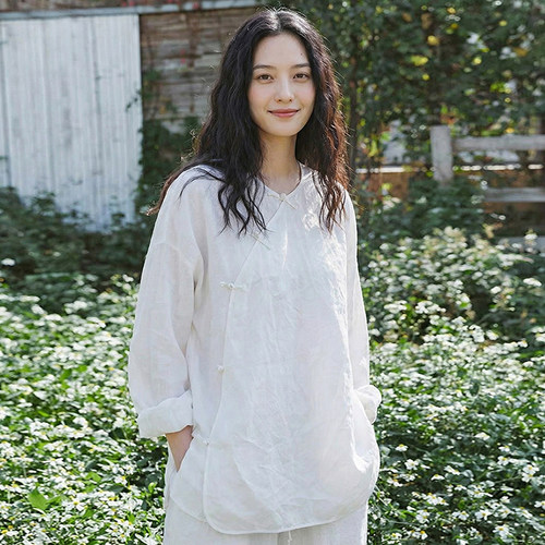 云上雾白汉麻轻中式圆领盘扣衬衫