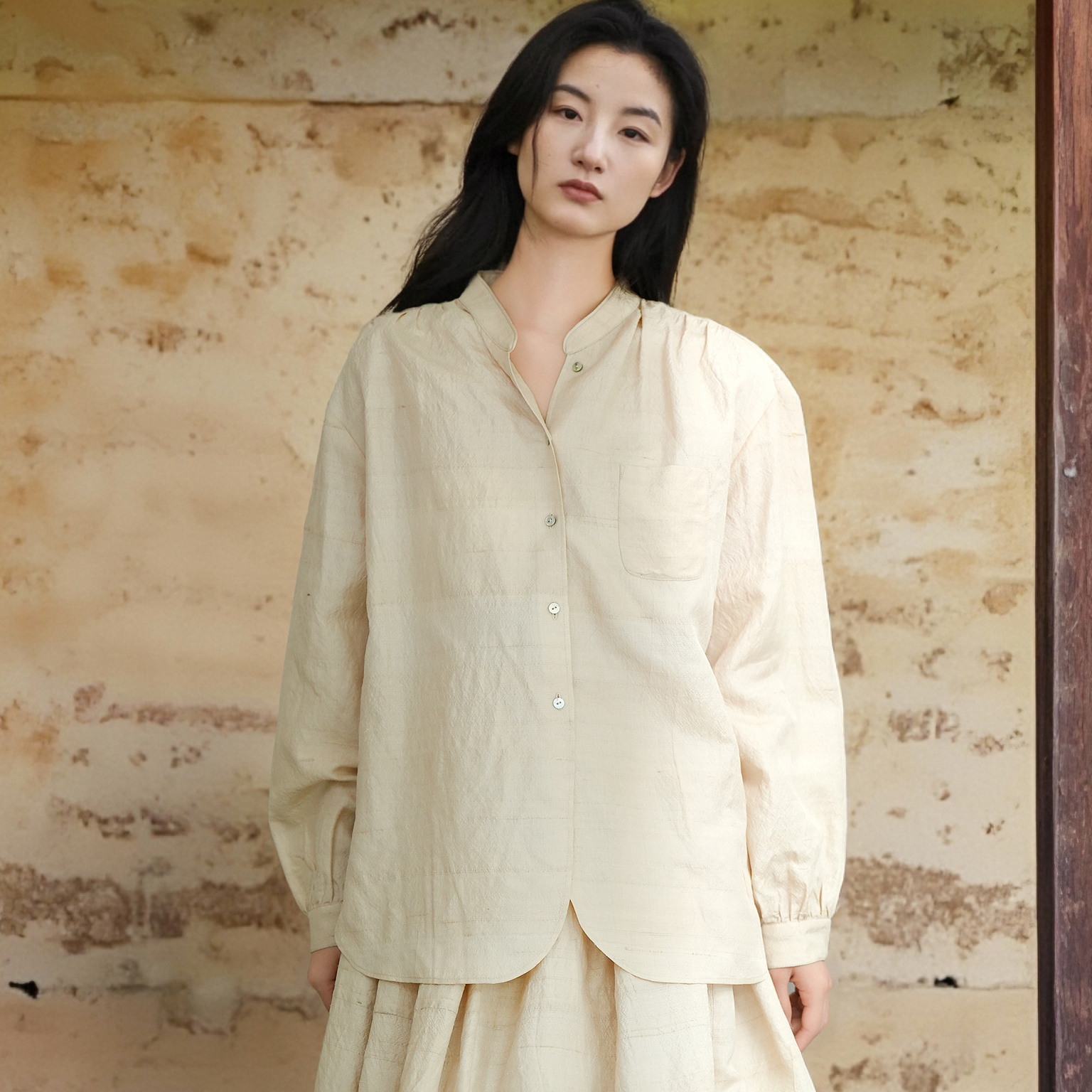 手工纺双宫柞蚕丝小立领衬衫