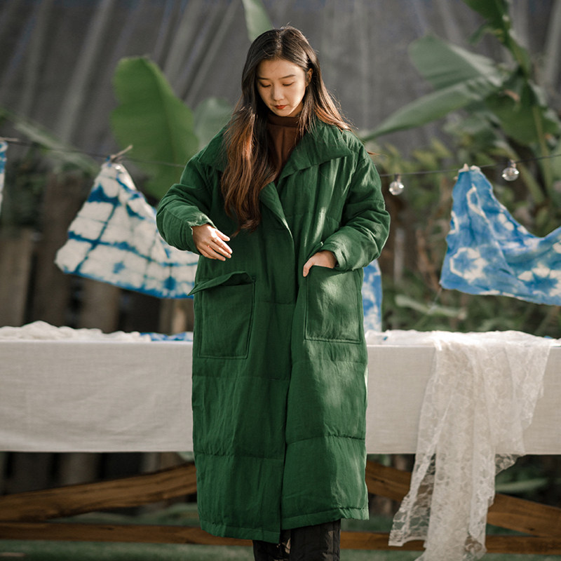 绿色加厚白鹅绒长款宽松羽绒服女
