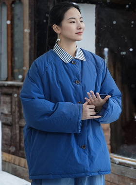 知笔墨蓝色无领日系鹅绒服女 2025冬季95白鹅绒极简面包羽绒服