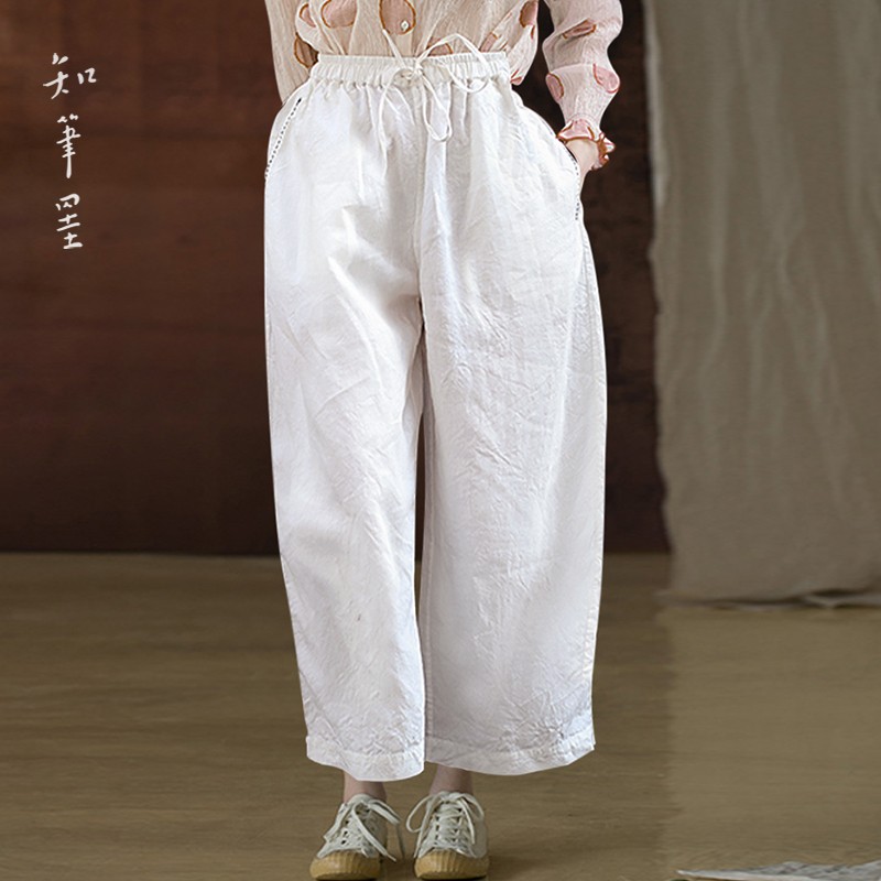 知笔墨2020夏款白白高密亚麻松紧腰抽绳手工绣线宽松九分麻裤女