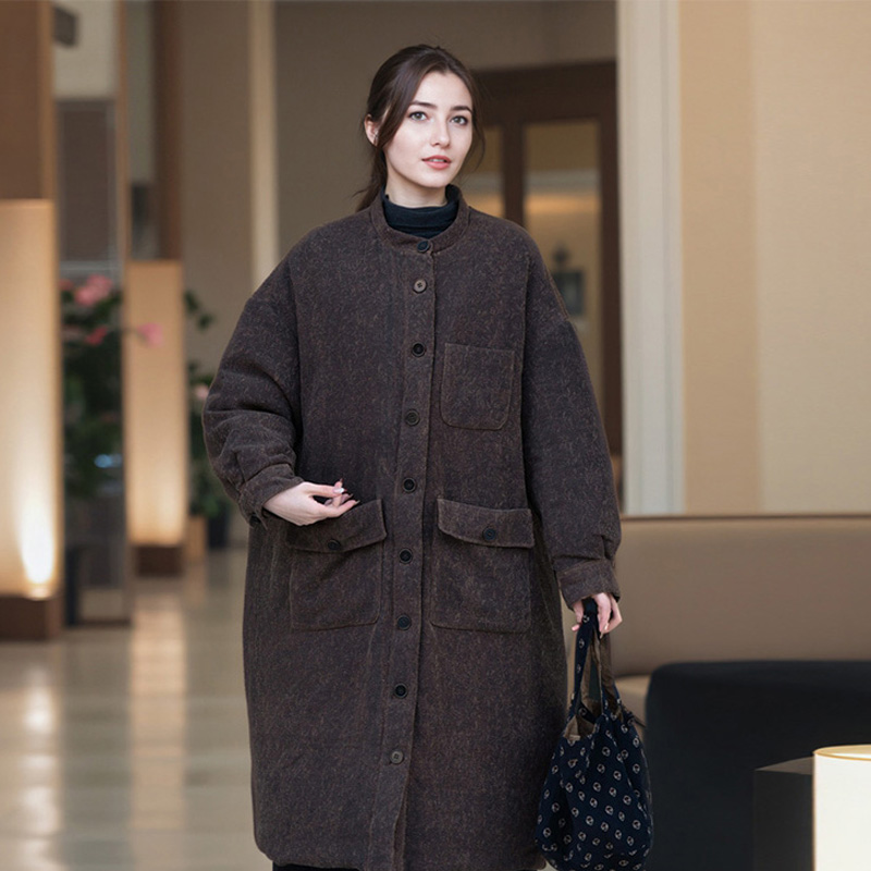 复古文艺香云纱柞蚕丝长款羽绒服