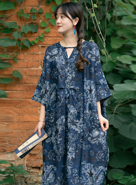 蓝莲花香云纱极简风宽松连衣裙 知笔墨原创小众设计蜡染风袍子女
