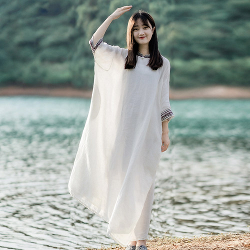 慵懒高端亚麻长款连衣裙