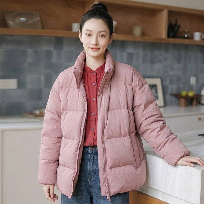 柔雾粉进口布料保暖面包羽绒服