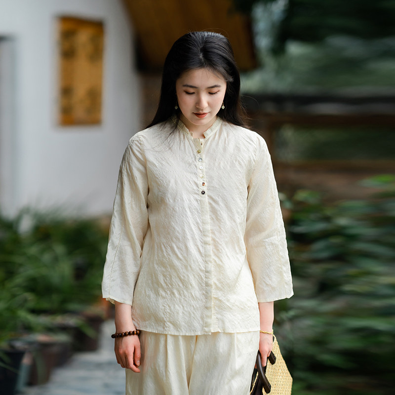 小立领米白色柞蚕丝衬衫女 知笔墨原创设计春夏真丝轻奢轻薄衬衣