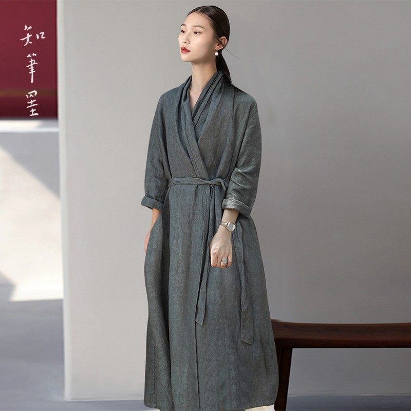 知笔墨秋款复古文艺石磨洗亚麻成衣染色青灰色风衣 宽松系带外套,女装/女士精品,风衣,淘宝优惠券,粉丝福利购,淘宝优惠卷