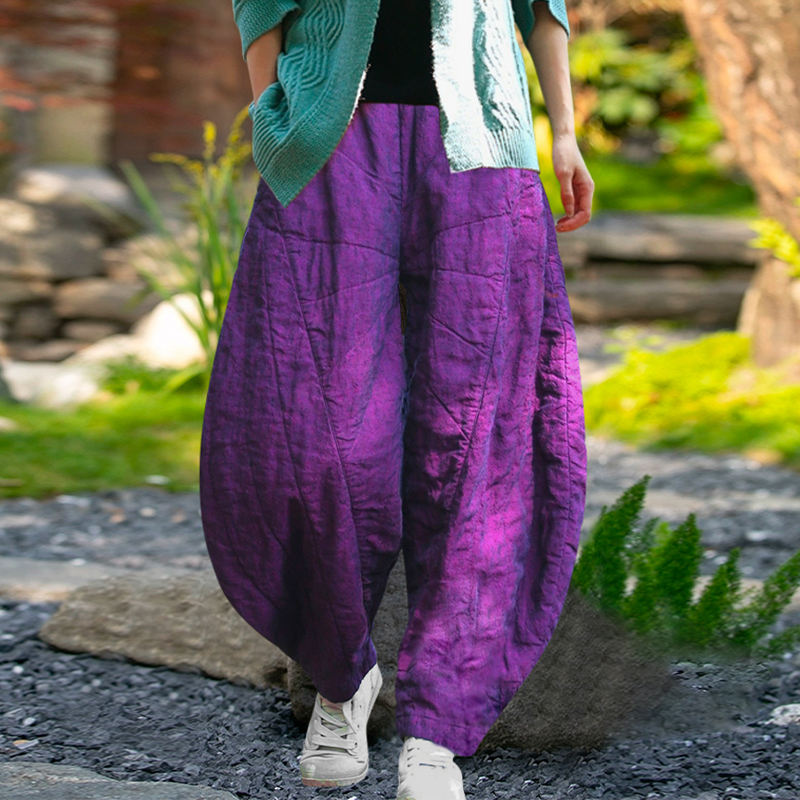 中腰复古紫色加厚亚麻灯笼裤