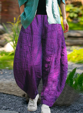 复古紫色植物染亚麻宽松版棉裤子 冬季加厚绗缝经典绗缝灯笼裤女