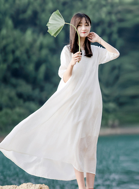苎麻白色风琴褶文艺连衣裙女2022夏知笔墨宽松圆领七分袖仙女长裙