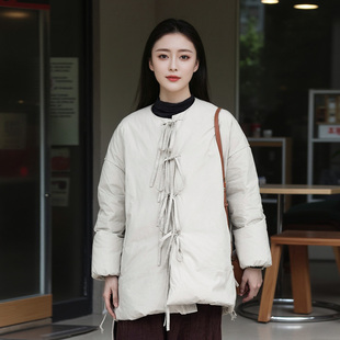 知笔墨东方系绳设计大廓型羽绒服 象牙白宽松百搭保暖外套