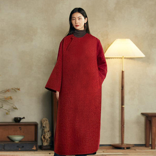 中国红双面羊绒斜襟长款 新中式 外套女 100%羊毛宽松保暖长呢大衣