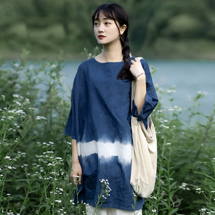 落肩T恤女 2022秋季 复古文艺草木植物染棉麻上衣宽套头衫 短袖 中式