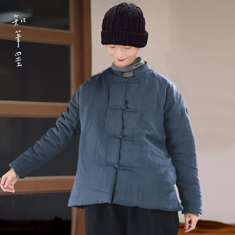 知笔墨复古中式立领苎麻纯色对襟盘扣短棉服 文艺保暖宽松棉袄女