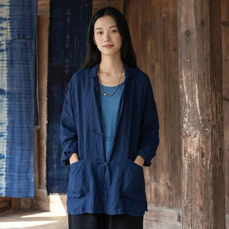 2026早春知笔墨手工植物蓝染超精致汉麻休闲薄外套女 中式衬衫