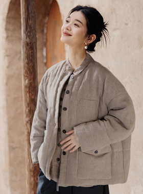 知笔墨2025冬古董雨露麻立领宽松短款白鸭绒羽绒服