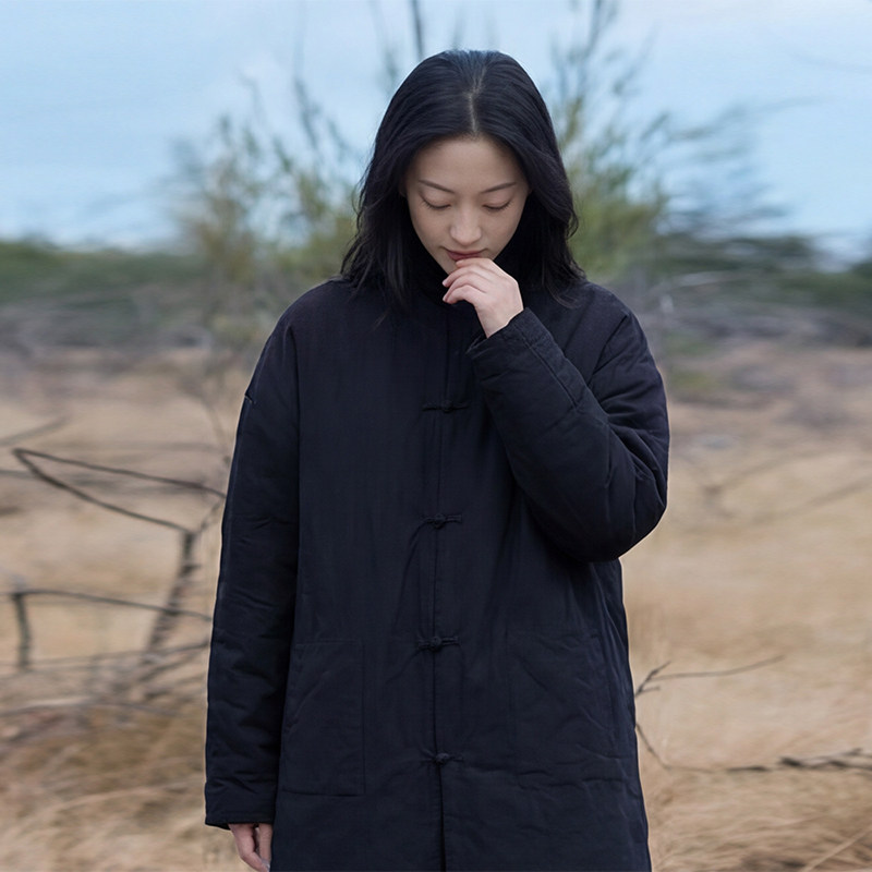 知笔墨原创黑色中款盘扣棉服女 加厚复古对襟国风夹棉棉袄