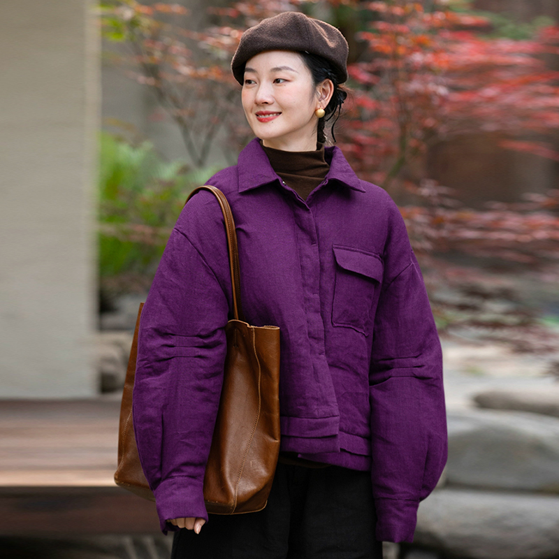 设计感苎麻紫色休闲短款羽绒服女