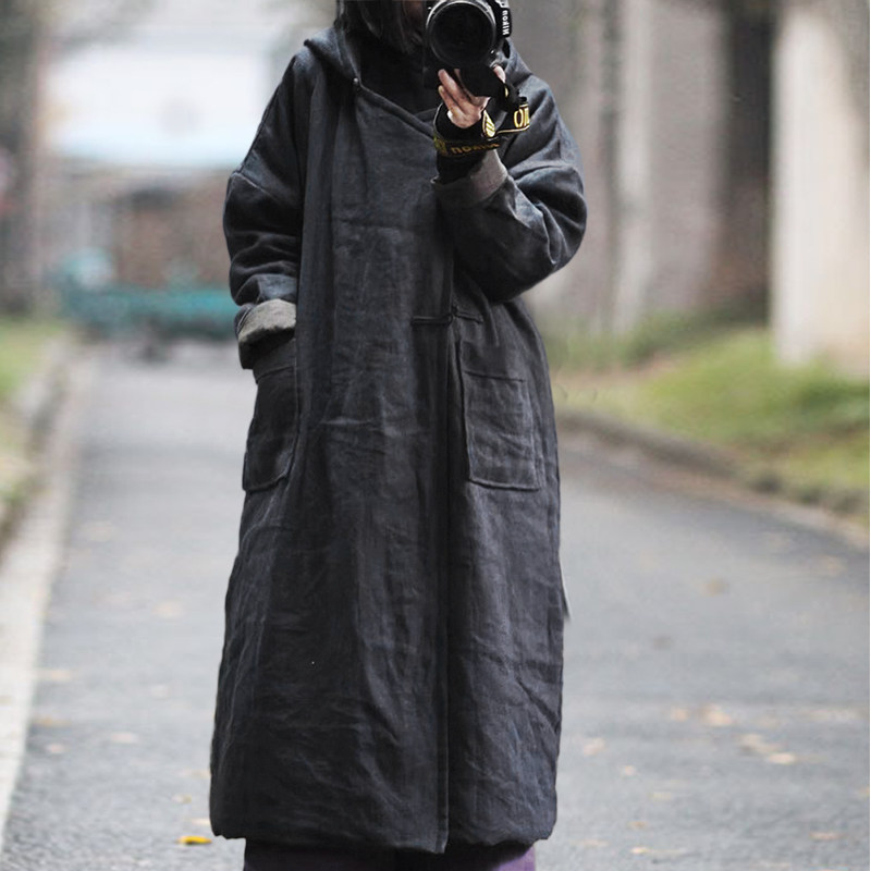 2023冬深色亚麻加厚砂洗夹棉连帽中式盘扣棉衣 复古做旧棉袍女,女装/女士精品,棉衣/棉服,淘宝优惠券,粉丝福利购,淘宝优惠卷