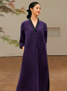 松弛感改良真丝旗袍香云纱连衣裙 知笔墨2023年新品紫色V领拼色裙