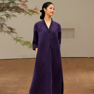 高级感改良真丝旗袍香云纱连衣裙 紫色V领拼色裙 知笔墨2023年新品