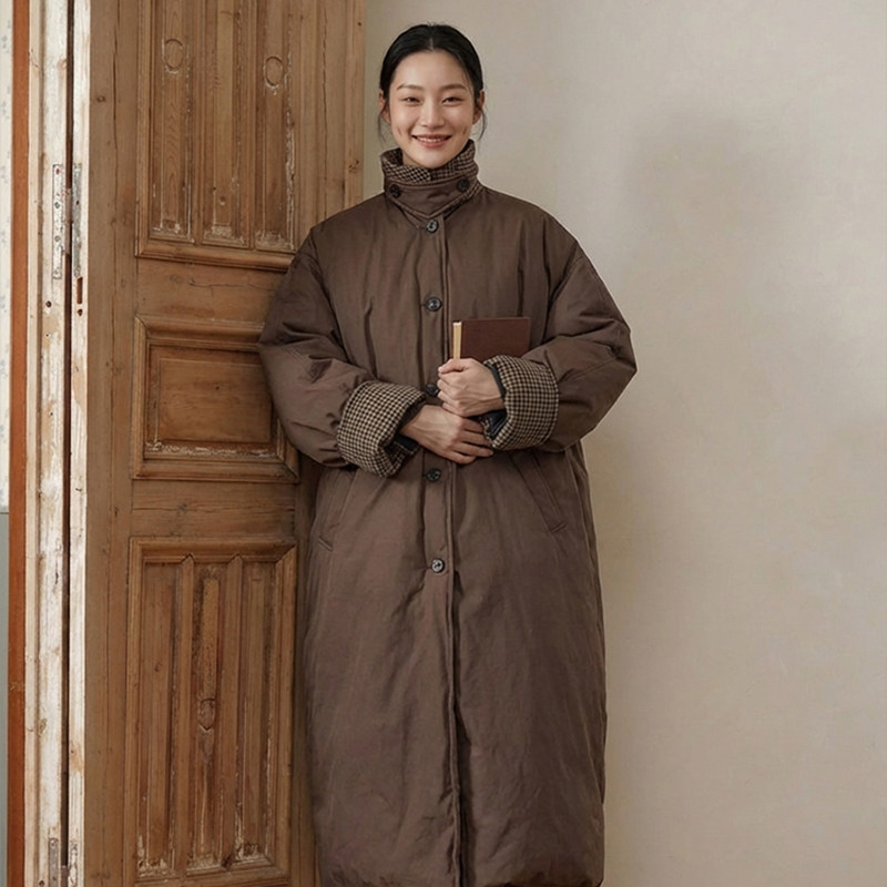 知笔墨复古日系拼色领中长款羽绒服女过膝经典羽绒服外套,女装/女士精品,羽绒服,淘宝优惠券,粉丝福利购,淘宝优惠卷