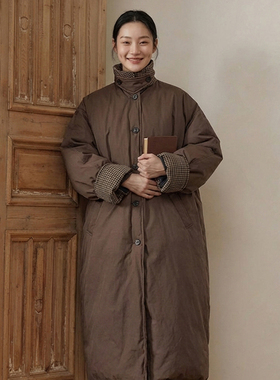 知笔墨复古日系拼色领中长款羽绒服女过膝经典羽绒服外套