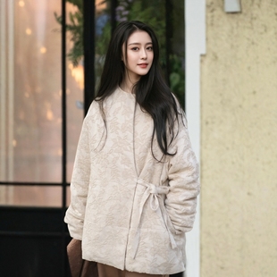 禅意绑带宽松短外套女 2025春季 知笔墨棉麻夹棉中式 斜襟圆领棉服