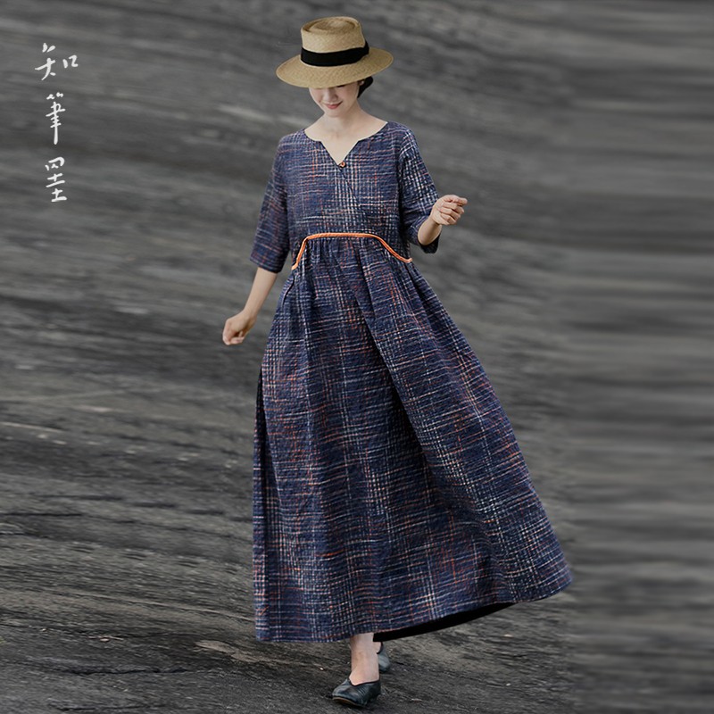 复古文艺藏青色亚麻盐缩连衣裙