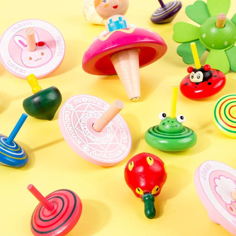 儿童木质彩虹小陀螺复古怀旧老式手转陀螺亲子互动解压陀螺玩具