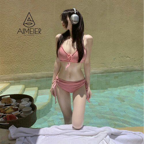 粉色系带分体比基尼女纯色挂脖遮肚显瘦温泉海边度假少女感速干