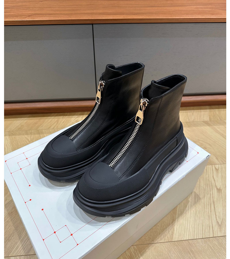 真皮机车靴金属前拉链女靴厚底大头靴皮毛一体雪地靴保暖马丁靴